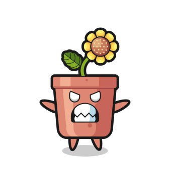 Ayçiçeği maskotu karakterinin öfkeli ifadesi, tişört, çıkartma, logo elementi için şirin tasarım.