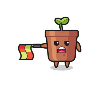 Çizgi yargıcı olarak ot karakteri bayrağı yatay tutun, tişört, çıkartma, logo elementi için şirin bir tasarım