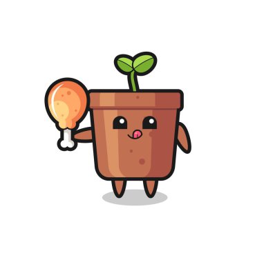 Şirin bitki maskotu kızarmış tavuk yiyor. Tişört, çıkartma, logo elementi için şirin bir tasarım.