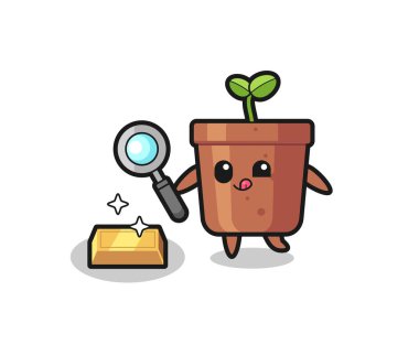 Bitki özü, altın külçesinin orijinalliğini kontrol ediyor. Tişört, çıkartma, logo elementi için şirin bir tasarım.