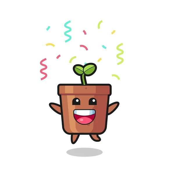 Feliz Planta Marihuana Mascota Saltar Para Felicitación Con Confeti Color — Vector de stock