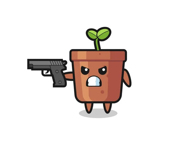 銃で撮影された可愛い植物のポットキャラクターTシャツステッカーロゴ要素 — ストックベクタ
