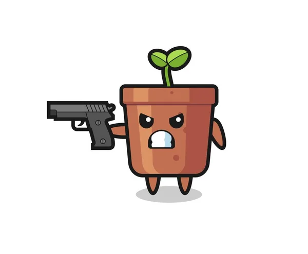 Carácter Lindo Maceta Planta Dispara Con Una Pistola Diseño Lindo — Vector de stock