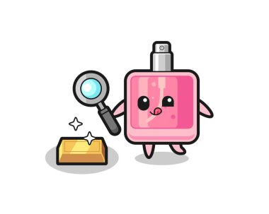 Parfüm karakteri altın külçesinin orijinalliğini kontrol ediyor. Gömlek, çıkartma, logo elementi için şirin bir tasarım.