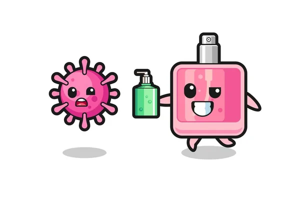 Ilustración Del Carácter Del Perfume Que Persigue Virus Malvado Con — Vector de stock