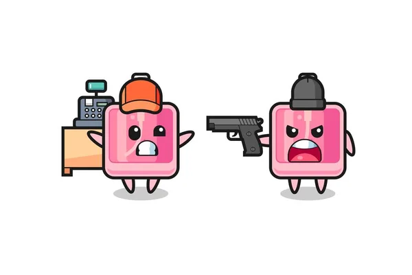 Ilustracja Cute Perfum Jako Kasjer Jest Skierowany Pistolet Przez Rabusia — Wektor stockowy