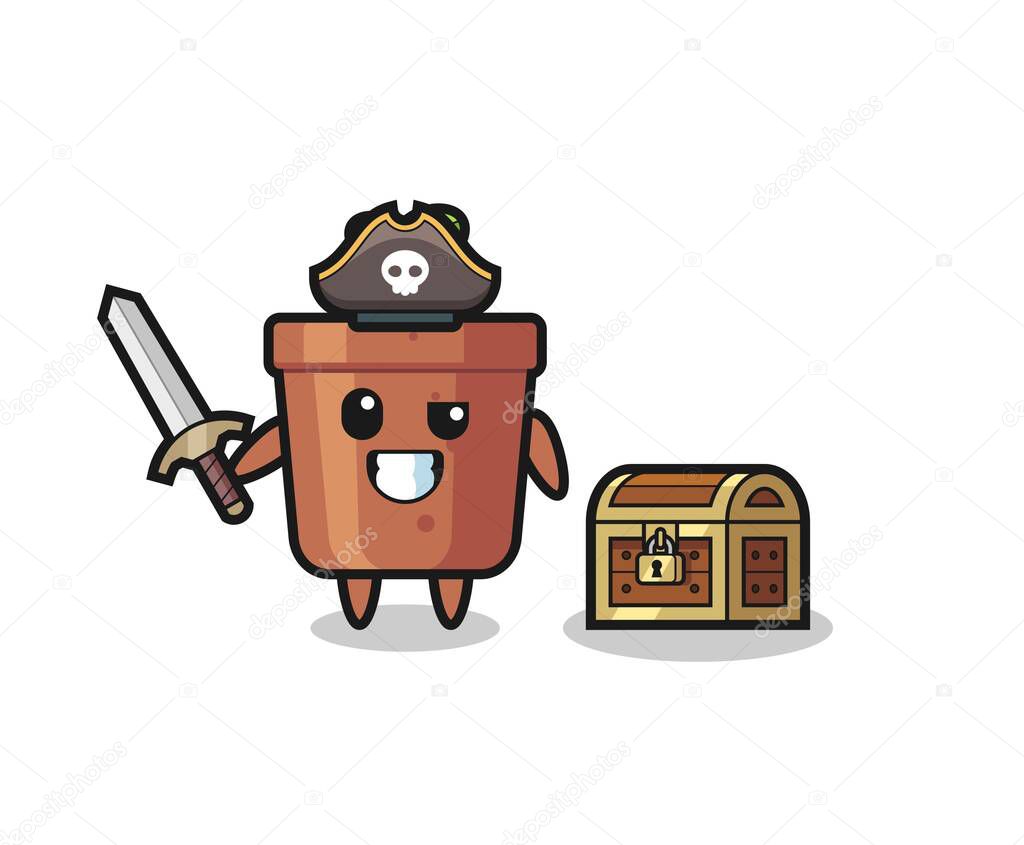 the plant pot pirate character holding sword beside a treasure box , cute style design for t shirt, sticker, logo element