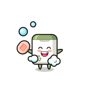 Çöp tenekesi karakteri sabun tutarken banyo yapıyor, tişört, etiket, logo elementi için şirin bir tasarım.