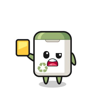 Futbol hakemi olarak çizgi film çöp kutusu karakteri sarı kart veriyor, tişört, çıkartma, logo elementi için şirin bir tasarım.