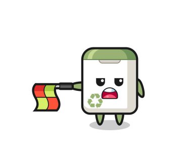 Çöp tenekesi karakteri çizgi hakimi bayrağı yatay tutun, tişört, etiket, logo ögesi için şirin bir tasarım yapın