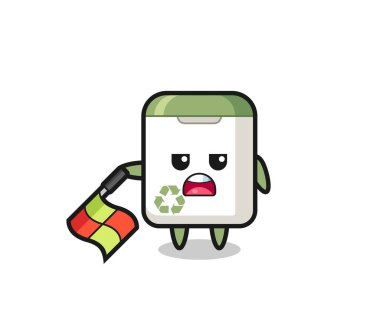 Çöp tenekesi karakteri çizgi hakimi bayrağı 45 derecelik açıyla tutun, tişört, etiket, logo elementi için şirin bir tasarım yapın