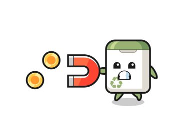 Çöpün karakteri altın sikkeleri yakalamak için bir mıknatıs tutabilir, tişört, etiket, logo elementi için şirin bir tasarım