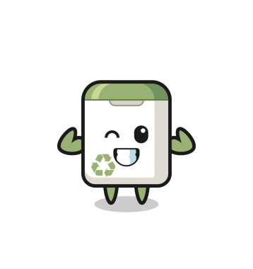 Kaslı çöp kutusu karakteri kaslarını gösteriyor. Tişört, çıkartma, logo elementi için şirin bir tasarım.