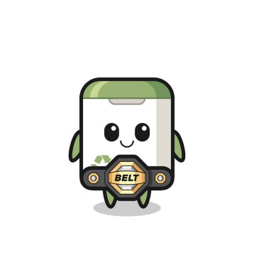 Kemerli MMA dövüşçüsü çöp kutusu maskotu. Tişört, çıkartma, logo elementi için şirin bir tasarım.