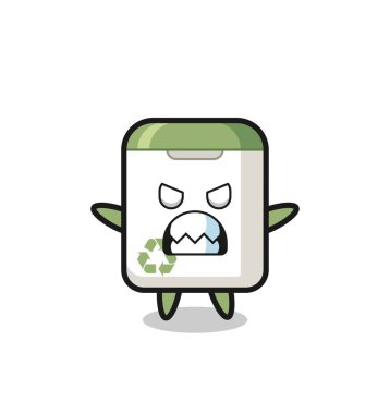 Çöp tenekesi maskotu karakterinin öfkeli ifadesi, tişört, etiket, logo elementi için şirin tarz tasarımı