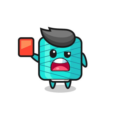 Hakemin kırmızı kart verdiği iplik makarası sevimli maskot tişört, etiket, logo elementi için şirin tasarım.