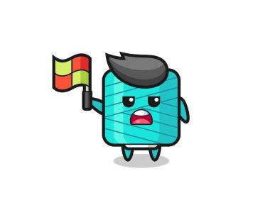 Çizgi hakemi olarak iplik makarası karakteri bayrağı kaldırıyor, tişört, etiket, logo elementi için şirin bir tasarım.