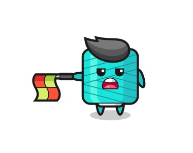 Çizgi hakemi olarak iplik makarası karakteri bayrağı yatay tutun, tişört, etiket, logo ögesi için şirin bir tasarım yapın