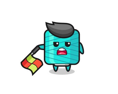 Çizgi hakemi olarak iplik makarası karakteri bayrağı 45 derecelik açıyla tutun, tişört, çıkartma, logo elementi için şirin bir tasarım yapın