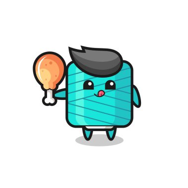 İpek makaralı şirin maskot kızarmış tavuk yiyor. Tişört, çıkartma, logo elementi için şirin bir tasarım.