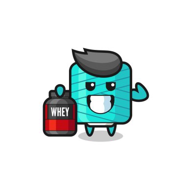 Kas yumağı karakteri protein takviyesi tutuyor. Tişört, etiket, logo elementi için şirin bir tasarım.