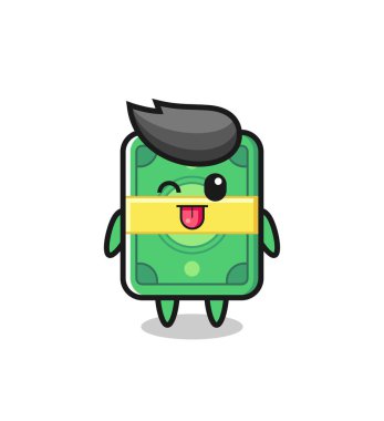 Tatlı yüzlü sevimli para karakteri dilini dışarı çıkarırken, tişört, çıkartma, logo elementi için şirin tasarım