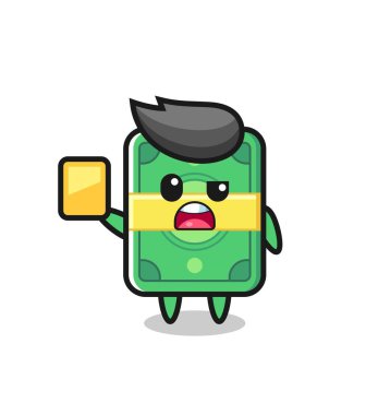 Futbol hakemi olarak çizgi film karakteri sarı kart veriyor, tişört, çıkartma, logo elementi için şirin bir tasarım.