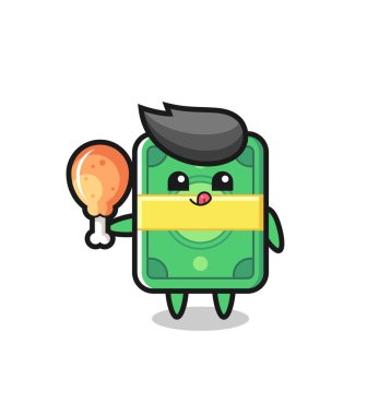 Şirin maskot kızarmış tavuk yiyor. Tişört, çıkartma ve logo için şirin bir tasarım.