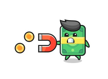 Para karakteri altın sikkeleri yakalamak için bir mıknatıs tutar, tişört, etiket, logo elementi için şirin bir tasarım.