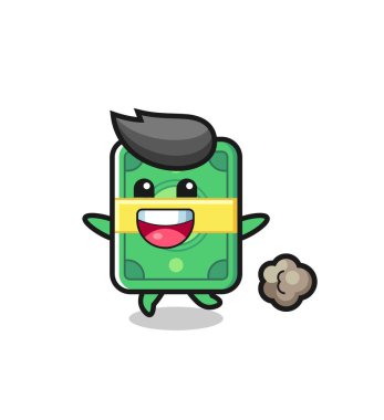 Koşu pozlu mutlu para çizgi filmi, tişört, etiket, logo elementi için şirin bir tasarım.