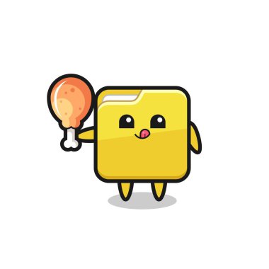 Şirin maskot kızarmış tavuk yiyor. Tişört, çıkartma, logo elementi için şirin bir tasarım.