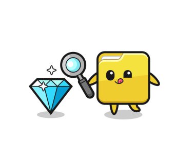 Dizin maskotu bir elmasın orijinalliğini kontrol ediyor, tişört, etiket, logo ögesi için şirin bir tasarım.