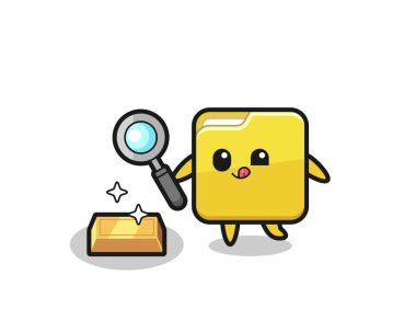 dizin karakteri altın külçesinin orijinalliğini kontrol ediyor, tişört, etiket, logo ögesi için şirin bir tasarım