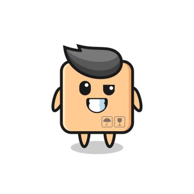 İyimser yüzlü şirin karton kutu maskotu, tişört, çıkartma, logo elementi için şirin bir tasarım.