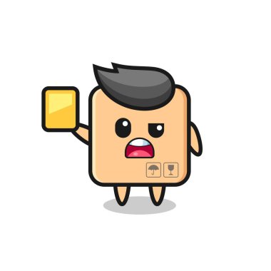 Futbol hakemi olarak çizgi film karakteri sarı kart veriyor, tişört, çıkartma, logo elementi için şirin bir tasarım.