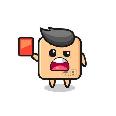 Karton kutu şirin maskot hakem kırmızı kart veriyor, tişört, etiket, logo elementi için şirin tasarım.