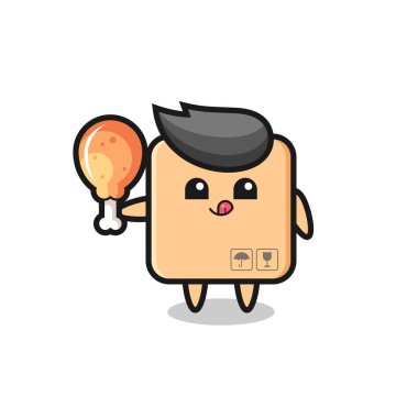 Karton kutu şirin maskot kızarmış tavuk yiyor. Tişört, çıkartma, logo elementi için şirin bir tasarım.