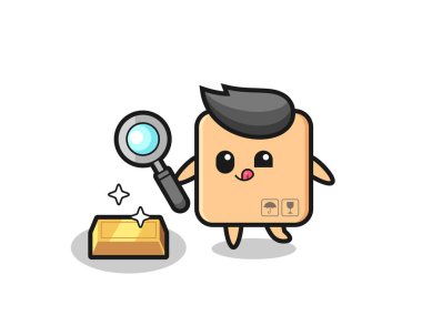 Karton kutu karakteri altın külçesinin orijinalliğini kontrol ediyor, tişört, etiket, logo elementi için şirin bir tasarım.