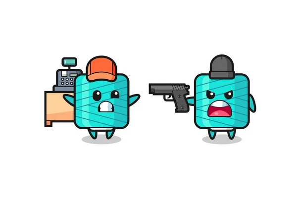 Illust Cute Yarn Spool Cashier Pointed Gun Robber Cute Style — Vector de stock