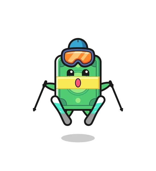 Personaje Mascota Del Dinero Como Jugador Esquí Diseño Estilo Lindo — Archivo Imágenes Vectoriales