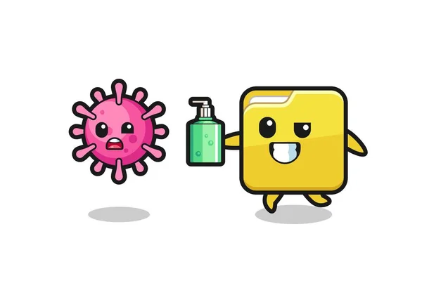 Illustration Folder Character Chasing Evil Virus Hand Sanitizer Cute Style — Stock Vector