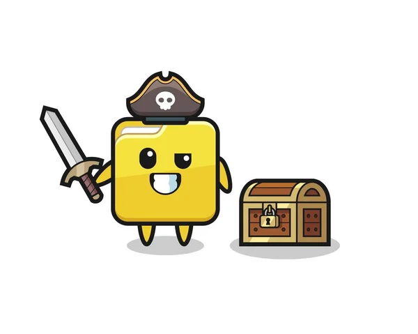 Folder Charakter Pirat Trzymając Miecz Obok Skrzynki Skarb Ładny Projekt — Wektor stockowy