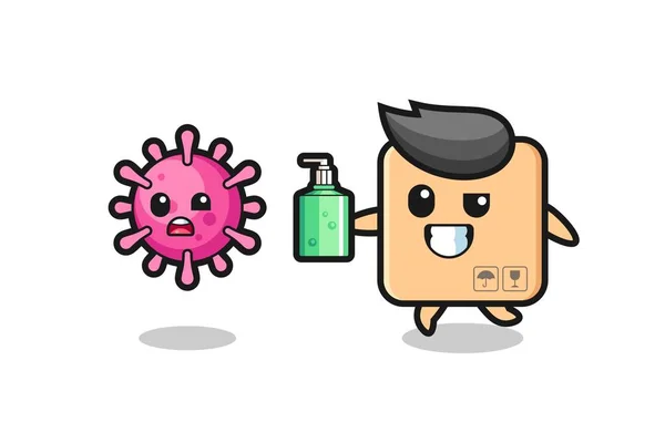 Illustration Personnage Boîte Carton Chassant Virus Maléfique Avec Désinfectant Pour — Image vectorielle