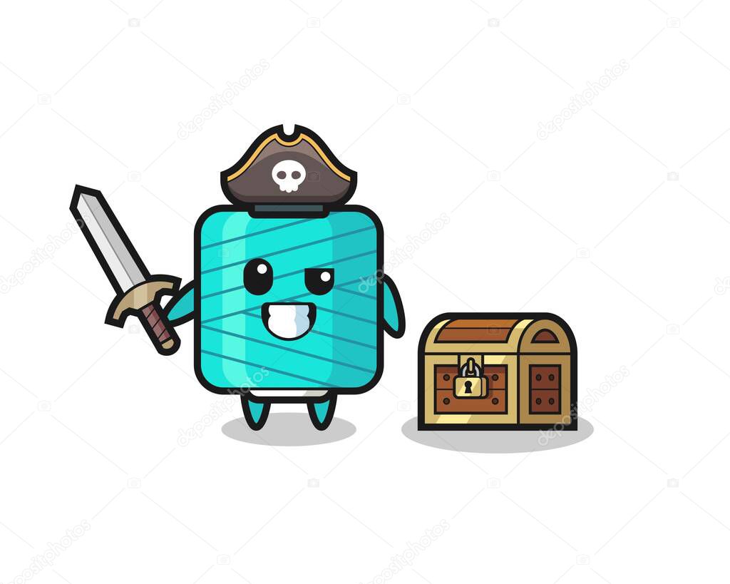 the yarn spool pirate character holding sword beside a treasure box , cute style design for t shirt, sticker, logo element