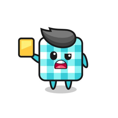 futbol hakemi olarak kareli masa örtüsü karakteri sarı kart veriyor, tişört, çıkartma, logo ögesi için şirin bir tasarım.