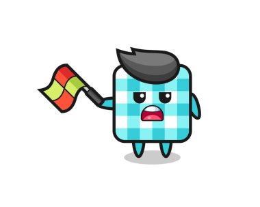 Damalı masa örtüsü çizgi filmi. Çizgi hakemi bayrağı 45 derecelik açıyla kaldırıyor. Tişört, çıkartma, logo unsuru için şirin bir tasarım.