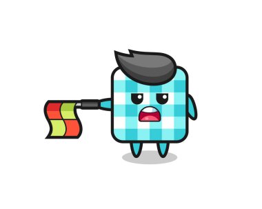 Satır yargıcı olarak kareli masa örtüsü karakteri bayrağı düz tut, tişört, etiket, logo ögesi için şirin bir tasarım yap