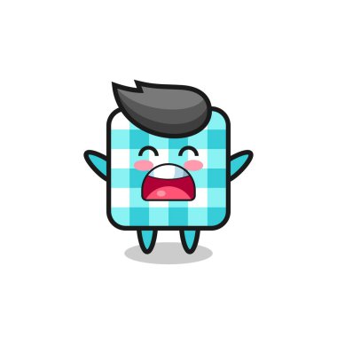 Şirin, kareli masa örtüsü maskotu, esneme ifadesi, tişört, çıkartma, logo elementi için şirin bir tasarım.