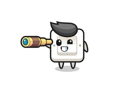 Şirin ışık anahtarı karakteri eski bir teleskop tutuyor. Tişört, çıkartma, logo elementi için şirin bir tasarım.