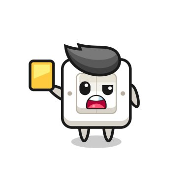 Bir futbol hakemi olarak çizgi film ışığı karakteri sarı kart veriyor, tişört, çıkartma, logo elementi için şirin bir tasarım.